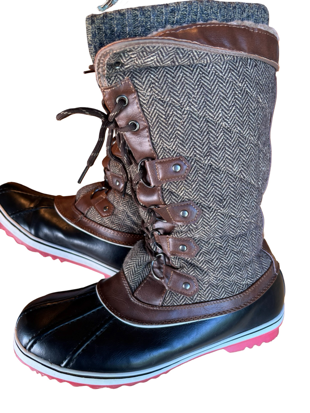 Dream Pairs Monte-2 Women's Brown Herringbone Lace-Up Waterproof Snow Boots 11